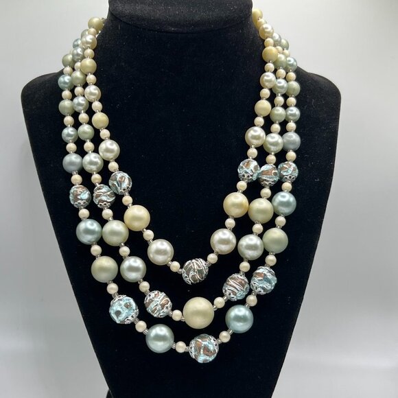 Jewelry - Vintage Baby Blue and White 3 Strands Pearl Beads Choker Necklace